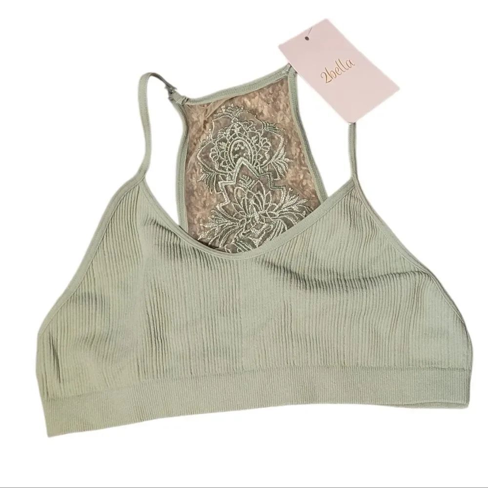 2Bella Sage Green Lace Sheer Ribbed Bralette Size XS NWT